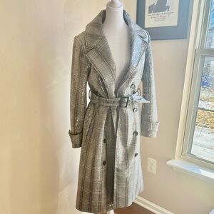 Bebe Sequined Trench Coat houndstooth plaid Jacket small gray 6 don’t miss!!